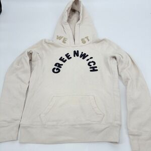Ruehl Unisex L Cream Navy Hoodie Sweatshirt West Greenwich Graphic Pullover Y2K